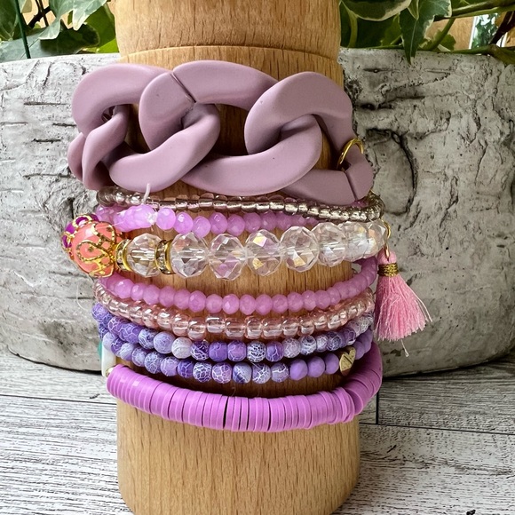Flirty Boho Purple Bracelets Set of Nine - Trendy Fun Stacked Bracelets Set - Picture 10 of 11